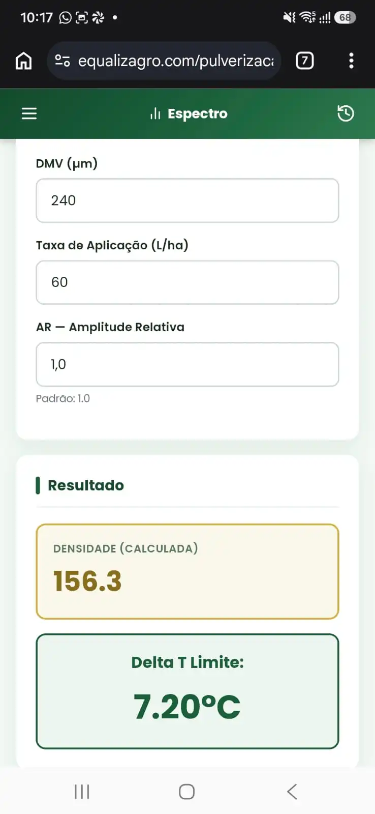 Tela de espectro de gotas do go2apply com DMV, densidade calculada e Delta T limite