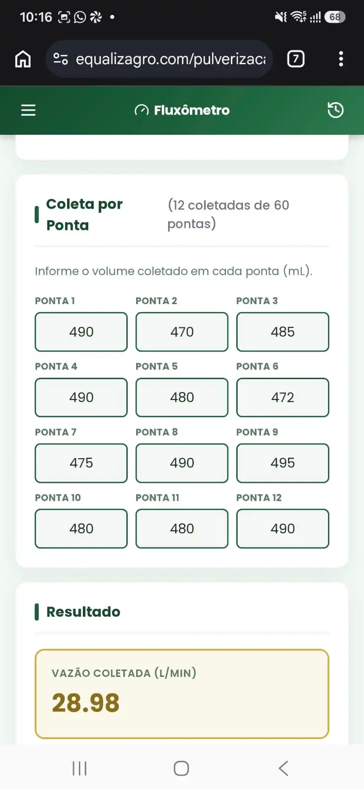Tela de coleta por ponta do go2apply com o volume medido em cada uma das doze pontas