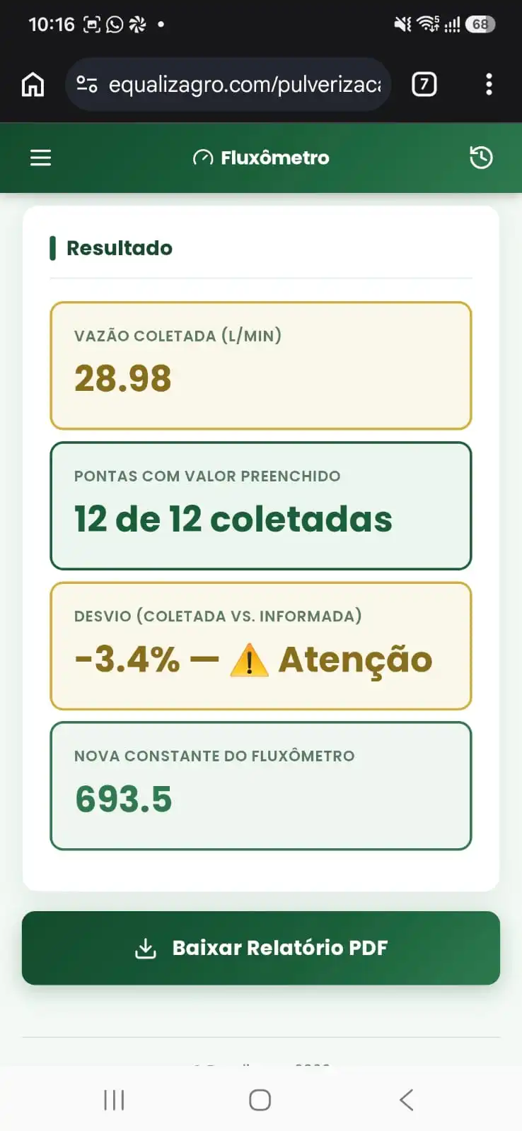 Tela de resultado do go2apply com vazão coletada, desvio da medição e nova constante do fluxômetro