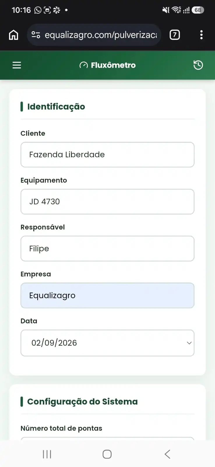 Tela de identificação do go2apply com cliente, equipamento, responsável e data da operação