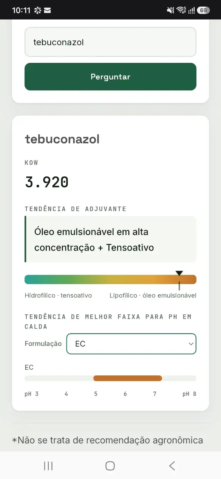 Tela de ingrediente ativo do go2apply com o Kow do tebuconazol, tendência de adjuvante e faixa de pH